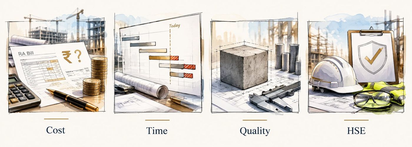 Project health audit: cost, time, quality, HSE